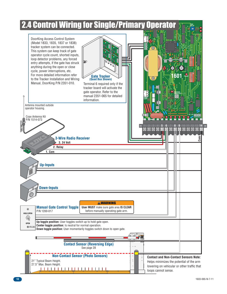 4 control wiring for single/primary operator, Gate tracker, Non-contact sensor (photo sensors) | Contact sensor (reversing edge) | Controlled Products Systems Group 1603-080 User Manual | Page 12 / 42