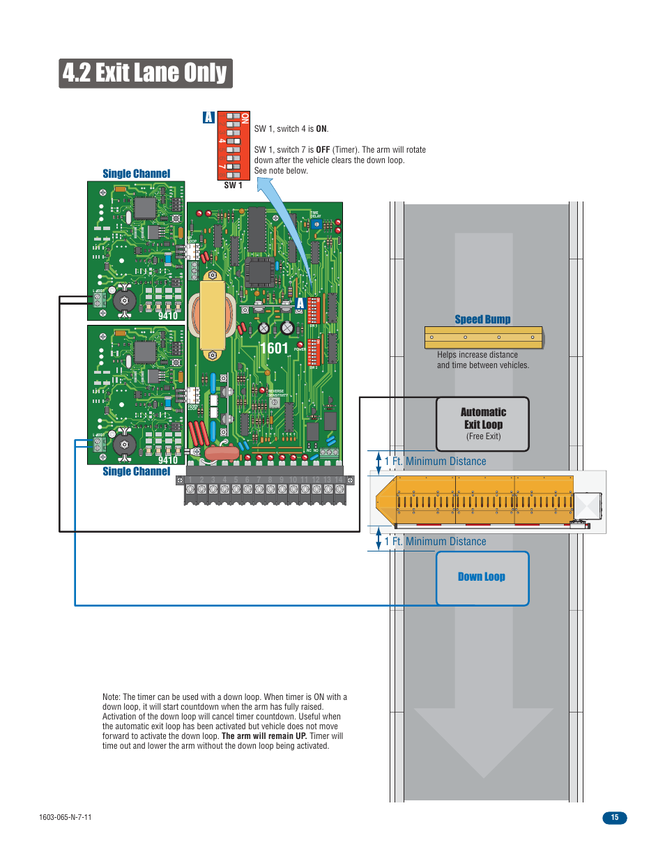 2 exit lane only, Speed bump single channel single channel, Down loop | 1 ft. minimum distance, 1 ft. minimum distance automatic exit loop | Controlled Products Systems Group 1603-080 User Manual | Page 17 / 42