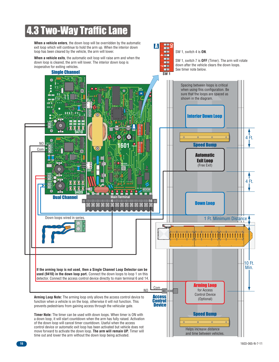 3 two-way traffic lane, Dual channel, Single channel | Speed bump, Speed bump down loop access control device, 4 ft, 4 ft. 1 ft. minimum distance 10 ft. min, Arming loop, Interior down loop, Automatic exit loop | Controlled Products Systems Group 1603-080 User Manual | Page 18 / 42