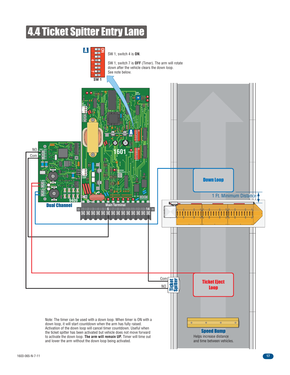 4 ticket spitter entry lane, Dual channel, Speed bump ticket eject loop | Down loop ticket spitter, 1 ft. minimum distance | Controlled Products Systems Group 1603-080 User Manual | Page 19 / 42