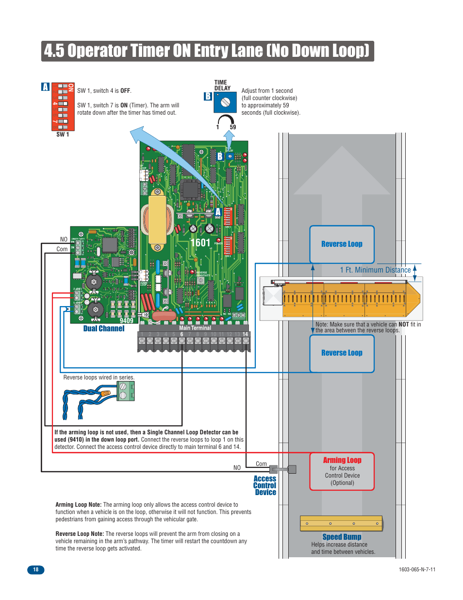 5 operator timer on entry lane (no down loop), Ab b, Dual channel | 1 ft. minimum distance, Arming loop | Controlled Products Systems Group 1603-080 User Manual | Page 20 / 42