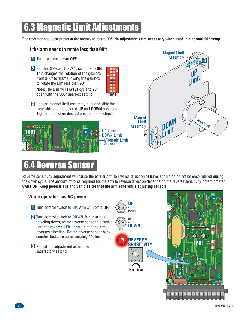 3 magnetic limit adjustments, 4 reverse sensor, Down limit up limit | While operator has ac power, Reverse sensitivity, Down | Controlled Products Systems Group 1603-080 User Manual | Page 26 / 42