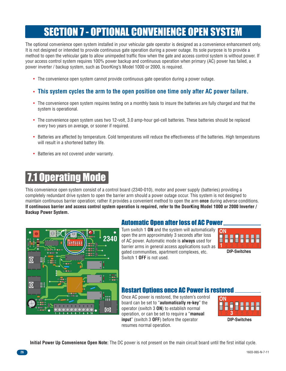 Automatic open after loss of ac power, Restart options once ac power is restored | Controlled Products Systems Group 1603-080 User Manual | Page 28 / 42