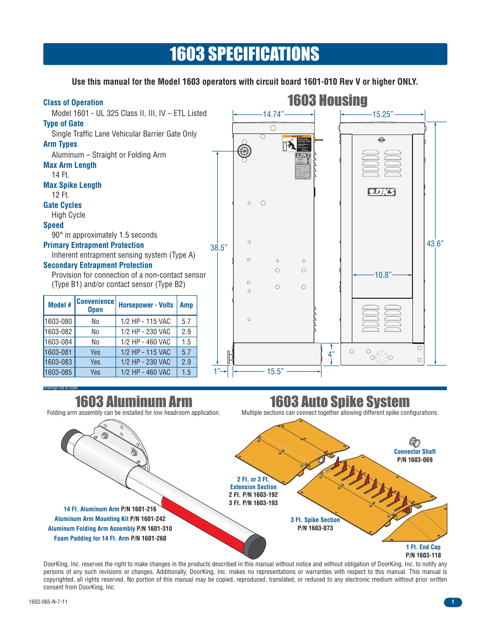 1603 specifications, 1603 aluminum arm, 1603 auto spike system | 1603 housing | Controlled Products Systems Group 1603-080 User Manual | Page 3 / 42