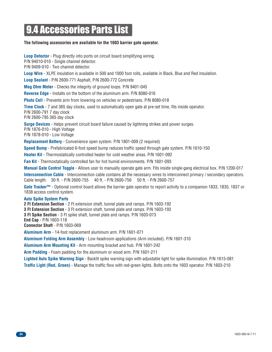 4 accessories parts list | Controlled Products Systems Group 1603-080 User Manual | Page 36 / 42