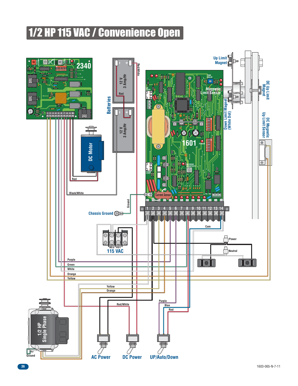 Ac power up/auto/down batteries 115 vac, Dc motor, Dc power | 1/2 hp single phase | Controlled Products Systems Group 1603-080 User Manual | Page 38 / 42