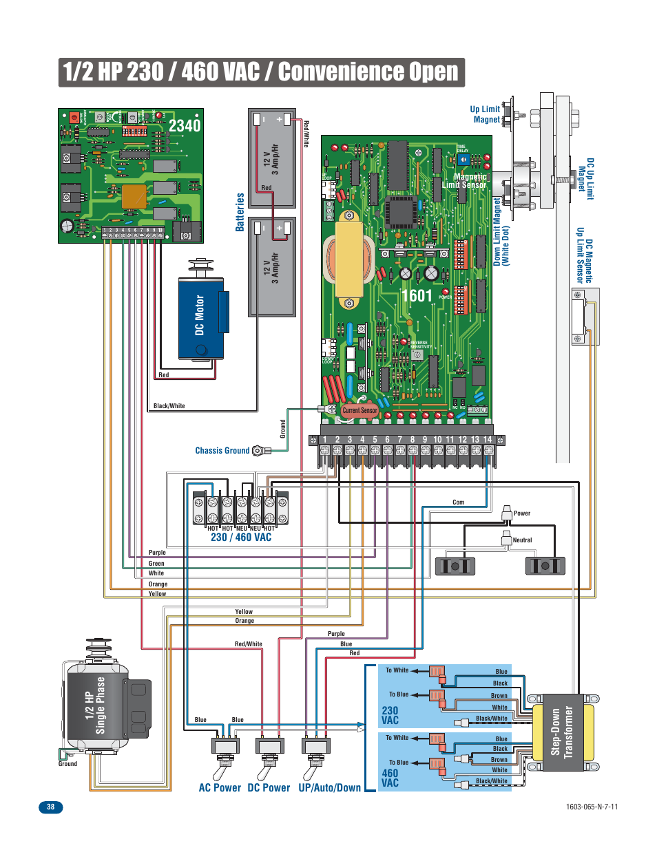 Ac power up/auto/down batteries, Dc motor, Dc power | Step-down transformer, 1/2 hp single phase | Controlled Products Systems Group 1603-080 User Manual | Page 40 / 42