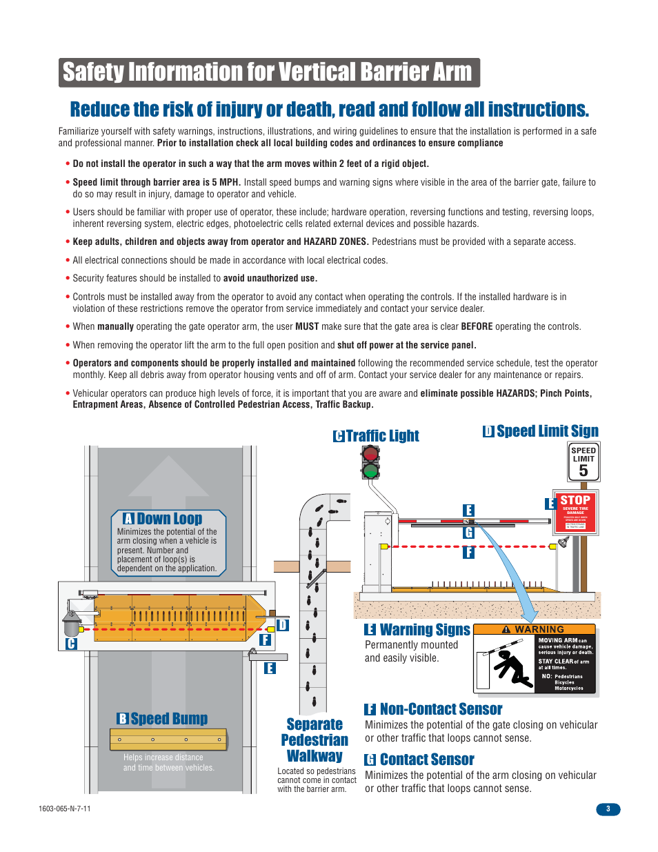 Safety information for vertical barrier arm, Non-contact sensor speed limit sign traffic light, Separate pedestrian walkway | Contact sensor, Warning signs, Speed bump, Down loop | Controlled Products Systems Group 1603-080 User Manual | Page 5 / 42