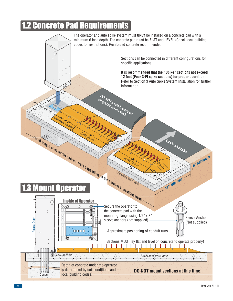 2 concrete pad requirements 1.3 mount operator | Controlled Products Systems Group 1603-080 User Manual | Page 8 / 42