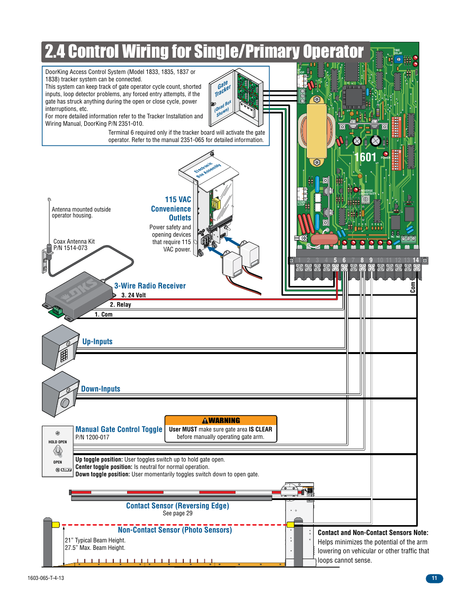 4 control wiring for single/primary operator | Controlled Products Systems Group 1603-080 User Manual | Page 13 / 40