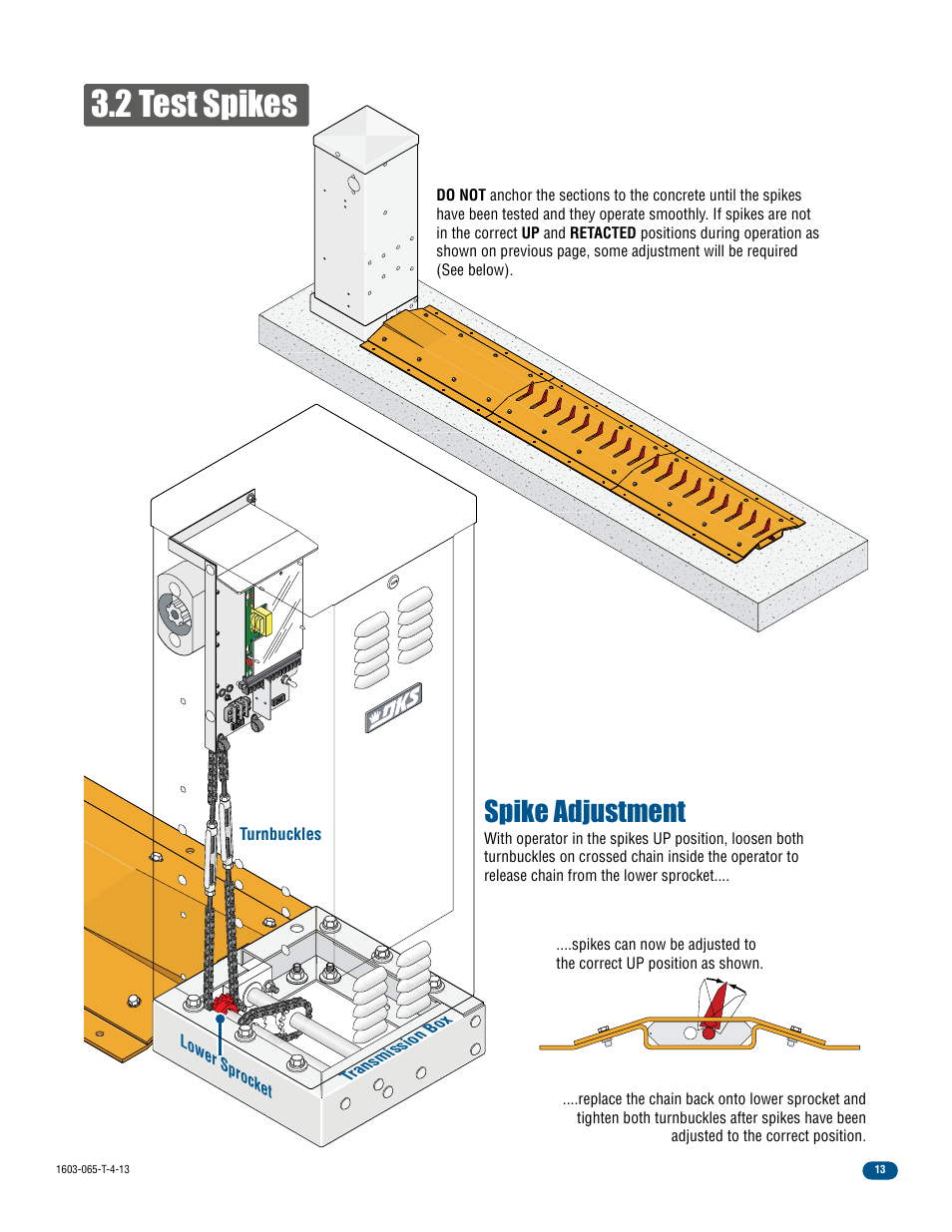 2 test spikes, Spike adjustment | Controlled Products Systems Group 1603-080 User Manual | Page 15 / 40