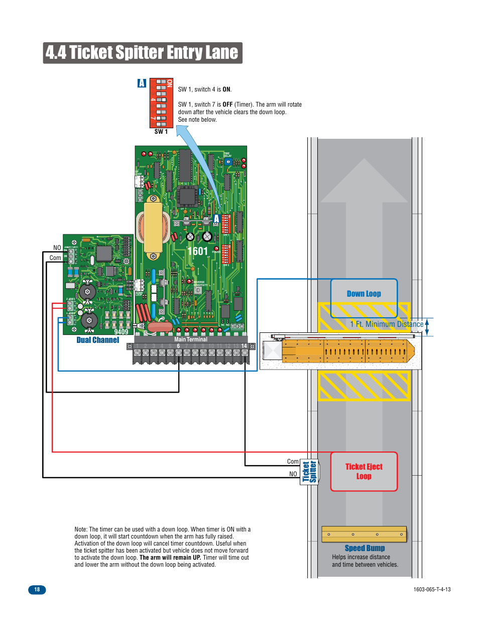 4 ticket spitter entry lane, Dual channel, Speed bump ticket eject loop | Down loop ticket spitter, 1 ft. minimum distance | Controlled Products Systems Group 1603-080 User Manual | Page 20 / 40