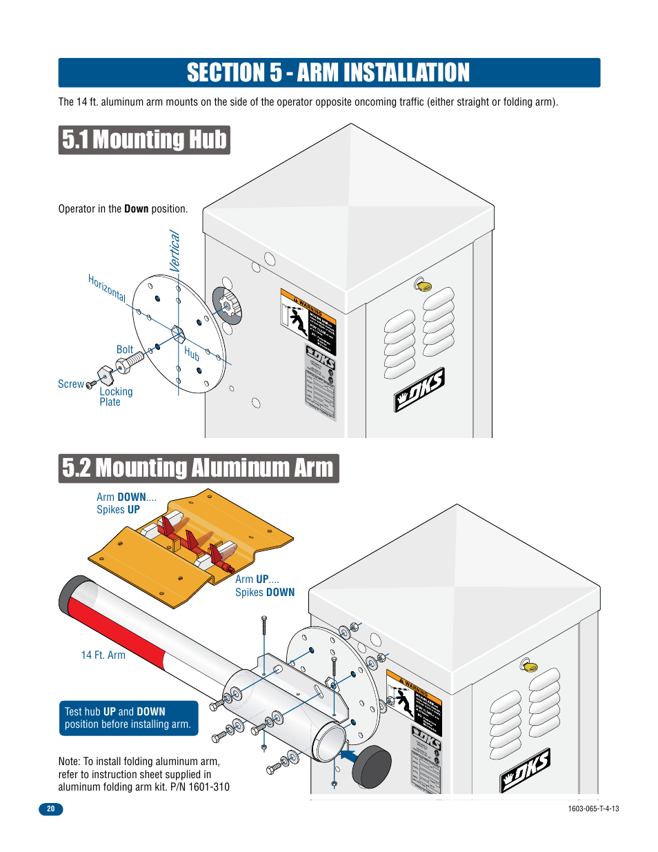 1 mounting hub 5.2 mounting aluminum arm, Vertical, Locking plate bolt screw horizonta l hub | Controlled Products Systems Group 1603-080 User Manual | Page 22 / 40