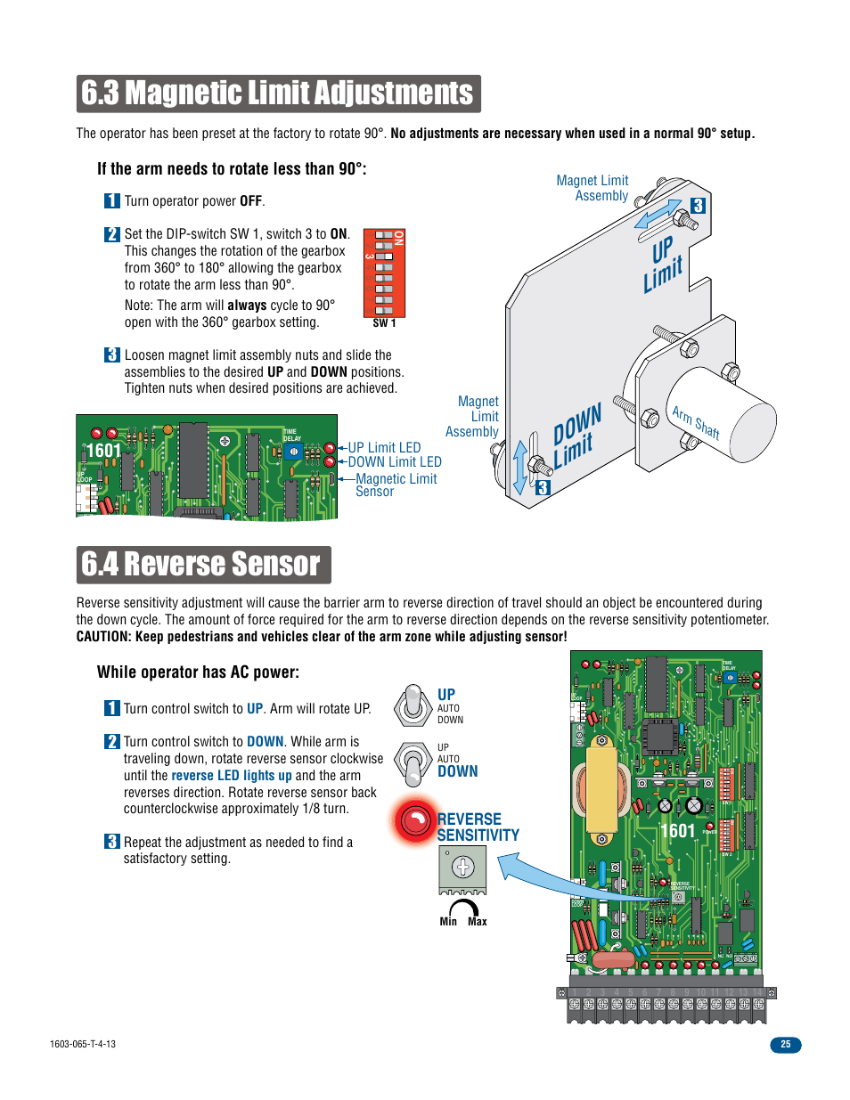 3 magnetic limit adjustments, 4 reverse sensor, Down limit up limit | While operator has ac power, Reverse sensitivity, Down | Controlled Products Systems Group 1603-080 User Manual | Page 27 / 40