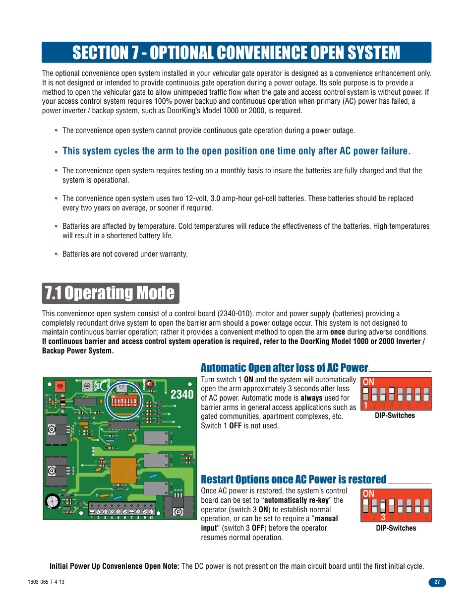 Automatic open after loss of ac power, Restart options once ac power is restored | Controlled Products Systems Group 1603-080 User Manual | Page 29 / 40