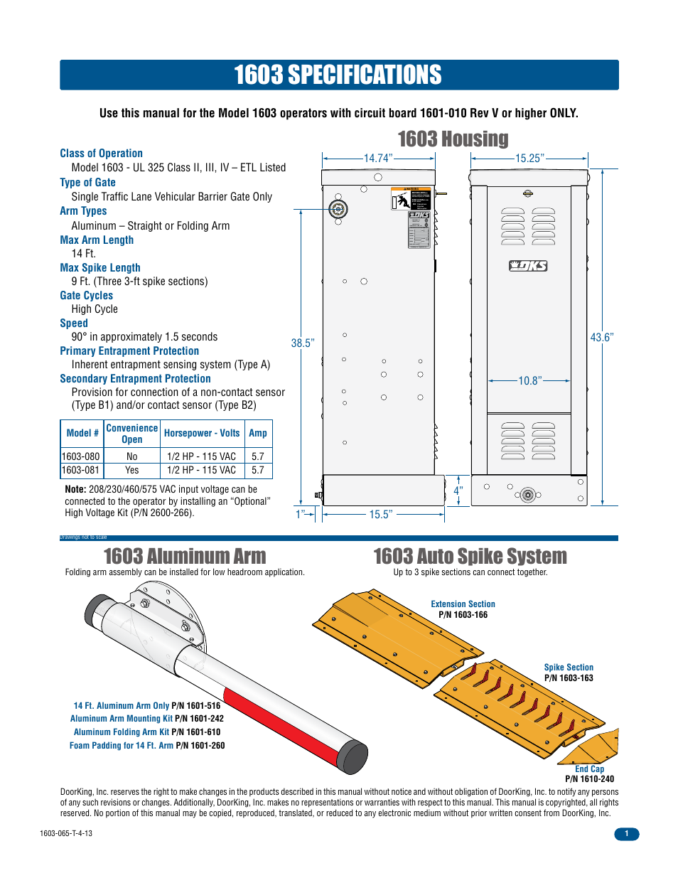 1603 specifications, 1603 aluminum arm, 1603 auto spike system | 1603 housing | Controlled Products Systems Group 1603-080 User Manual | Page 3 / 40
