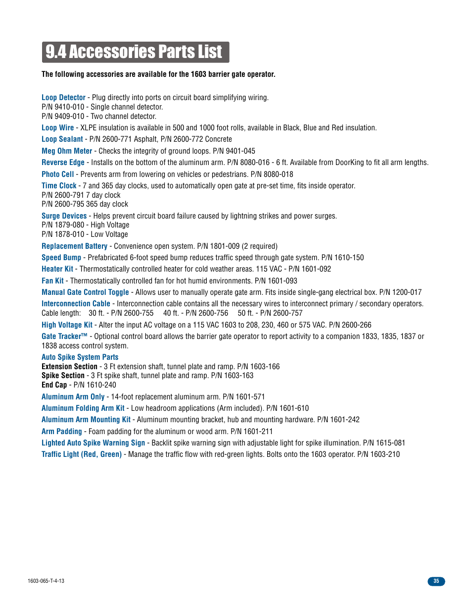 4 accessories parts list | Controlled Products Systems Group 1603-080 User Manual | Page 37 / 40