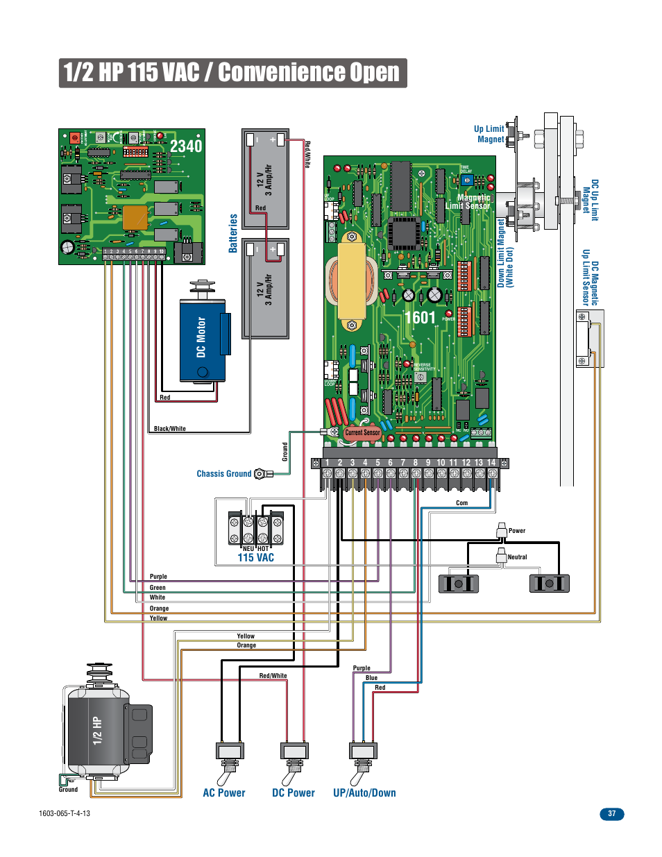 Ac power up/auto/down batteries 115 vac, Dc motor, Dc power | 1/2 hp | Controlled Products Systems Group 1603-080 User Manual | Page 39 / 40