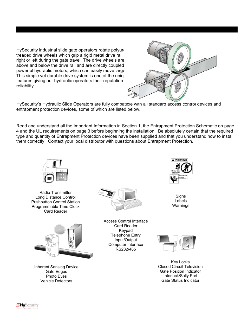 How this hydraulic operator works, Accessory compatibility, Pedestrian entrapment protection | Getting started | Controlled Products Systems Group 222X383 User Manual | Page 16 / 84