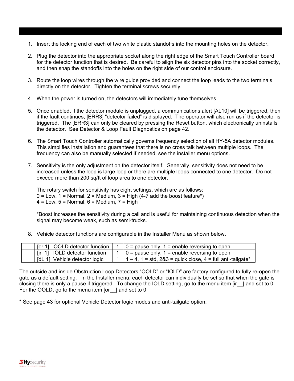 Hysecurity hy-5a vehicle detector installation | Controlled Products Systems Group 222X383 User Manual | Page 48 / 84