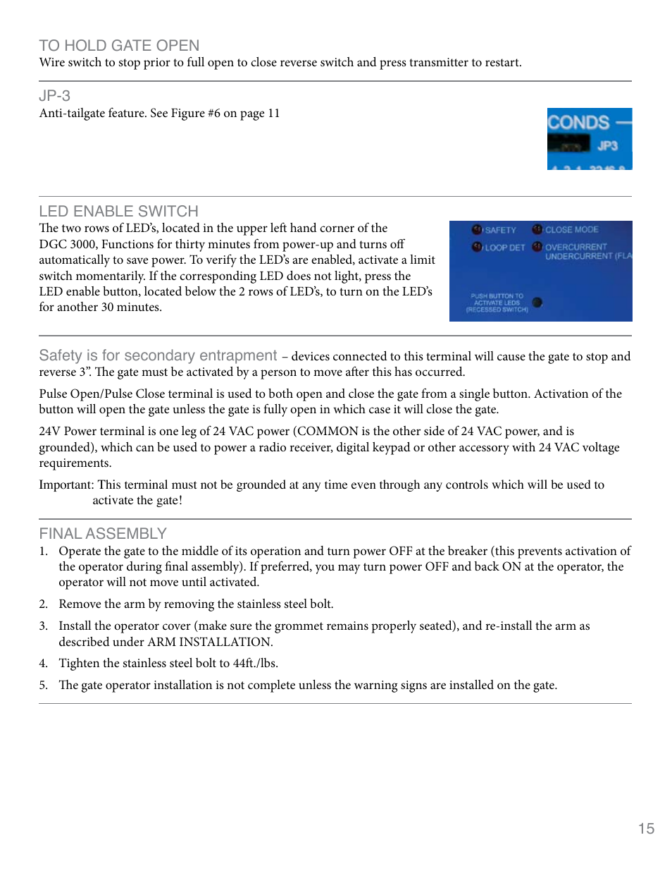 Close delay, Motor run timer, Sensitivity adjustment | Warning alarm | Controlled Products Systems Group 3020HX User Manual | Page 15 / 24