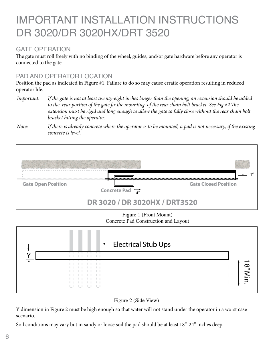 Pad and operator location, Important installation instructions, 18” m in. electrical stub ups y | Controlled Products Systems Group 3020HX User Manual | Page 6 / 24