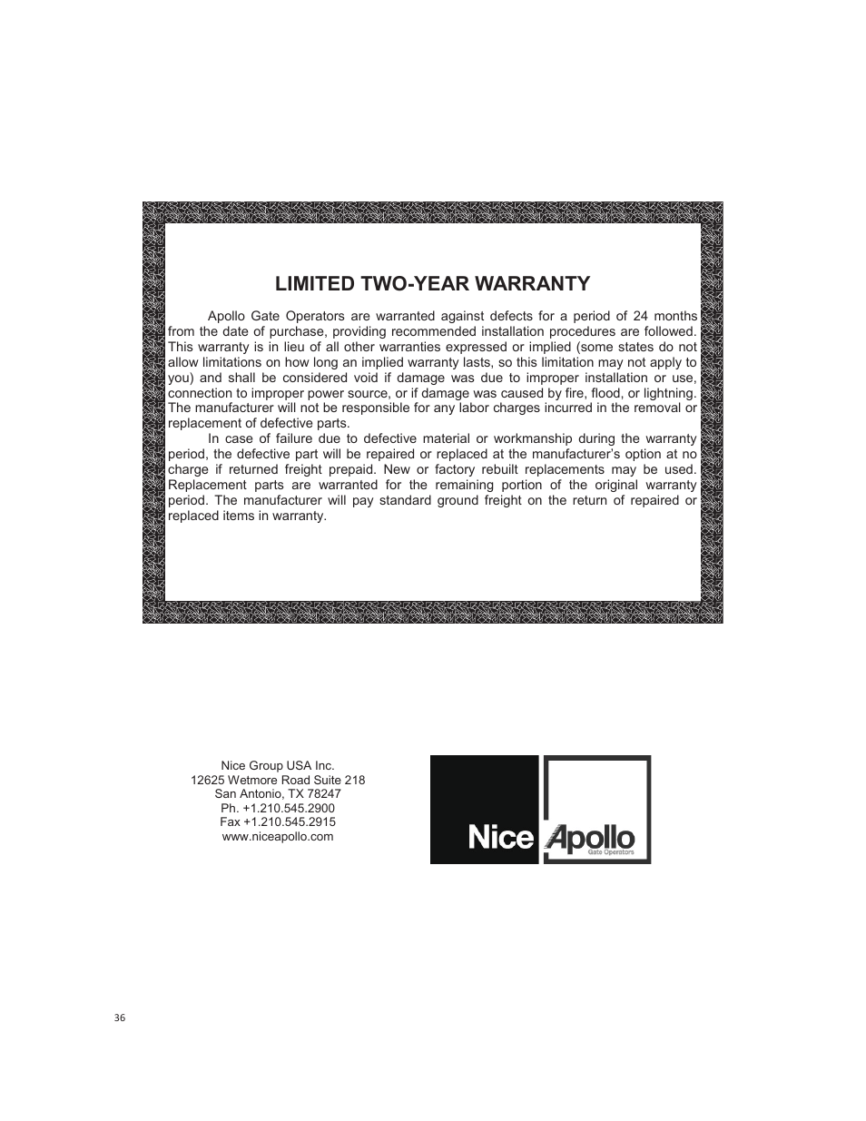 Limited two-year warranty | Controlled Products Systems Group 3500ETL-1K User Manual | Page 36 / 36