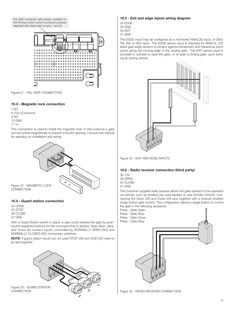 5 - exit and edge inputs wiring diagram, 6 - radio receiver connection (third party), 3 - magnetic lock connection | 4 - guard station connection | Controlled Products Systems Group 4300SW User Manual | Page 15 / 32
