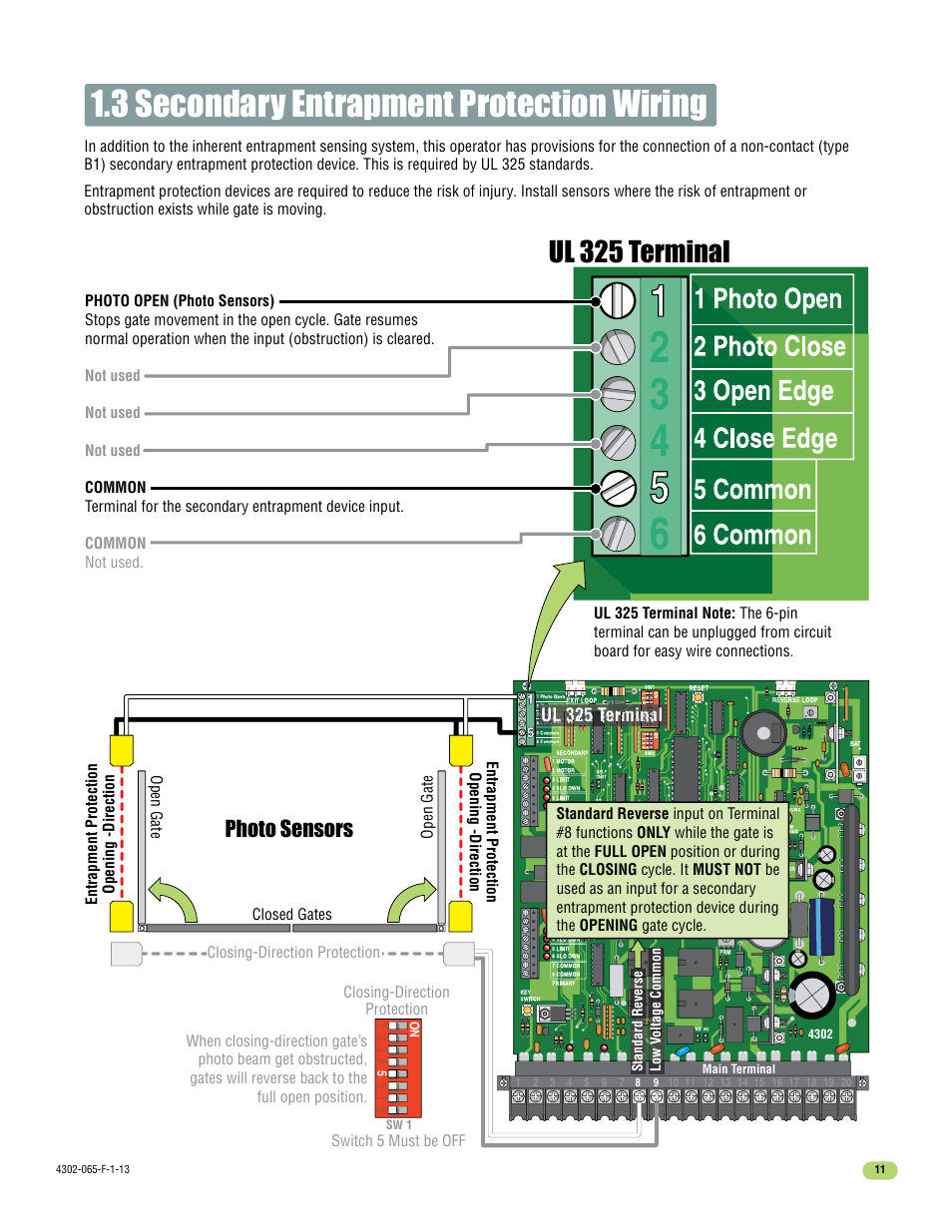 3 secondary entrapment protection wiring, Ul 325 terminal | Controlled Products Systems Group 4302-111 User Manual | Page 13 / 34