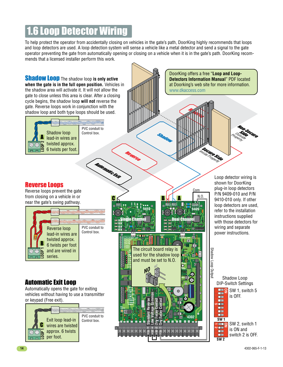 6 loop detector wiring, Automatic exit loop, Reverse loops | Shadow loop, Ba c | Controlled Products Systems Group 4302-111 User Manual | Page 16 / 34