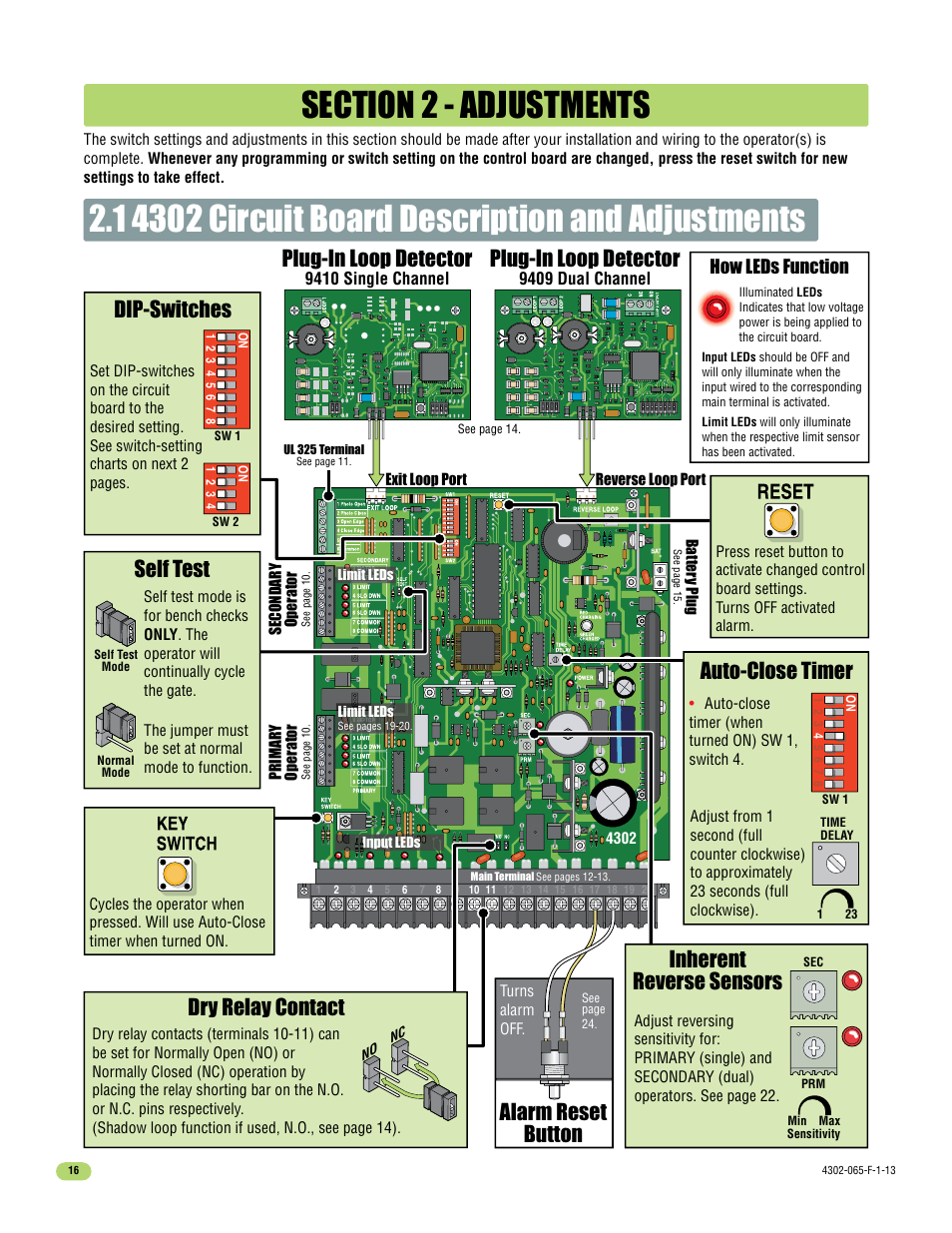 Auto-close timer, Dip-switches dry relay contact, Inherent reverse sensors | Plug-in loop detector plug-in loop detector, Self test, Alarm reset button, How leds function | Controlled Products Systems Group 4302-111 User Manual | Page 18 / 34