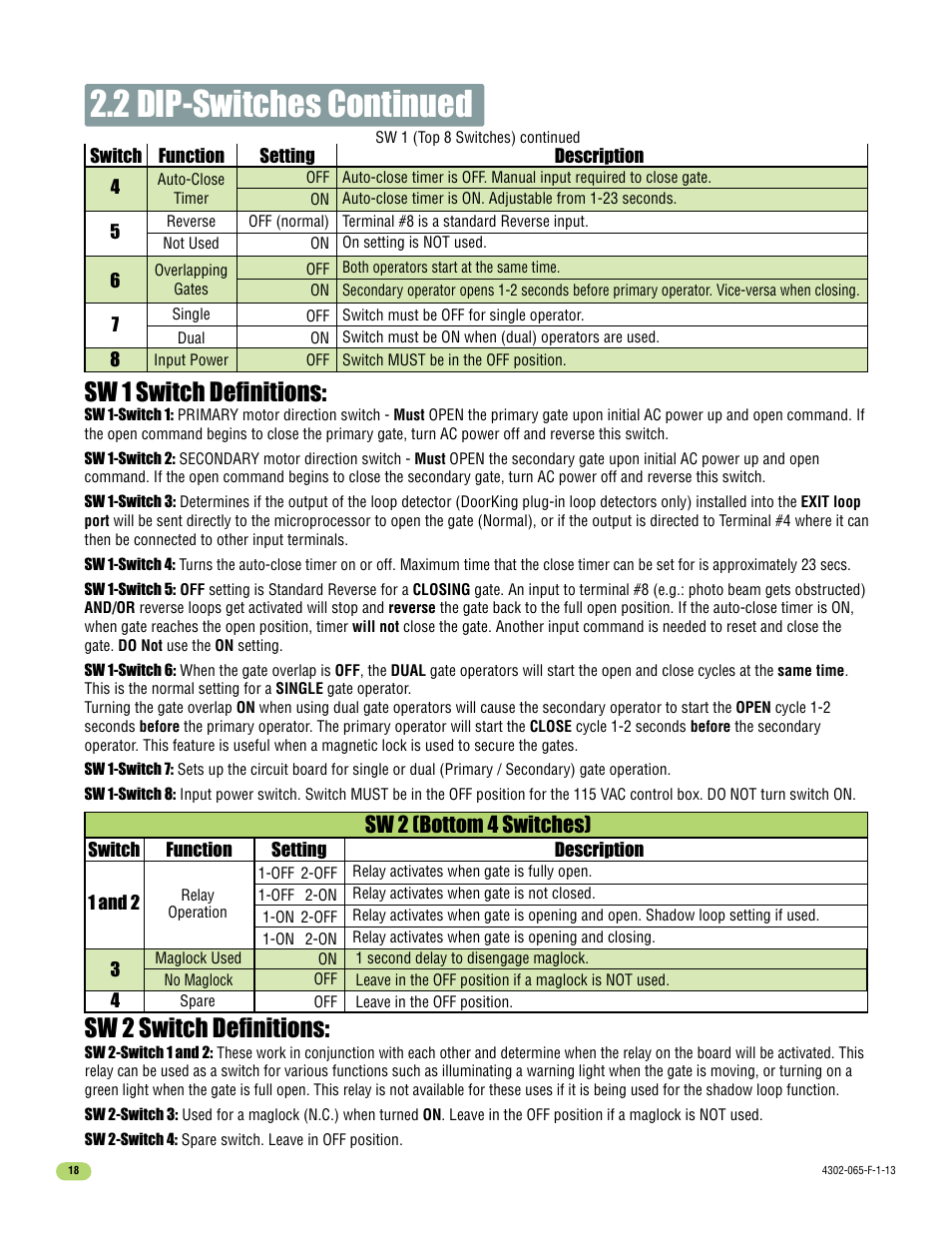 2 dip-switches continued, Sw 1 switch definitions: sw 2 switch definitions, Sw 2 (bottom 4 switches) | Controlled Products Systems Group 4302-111 User Manual | Page 20 / 34