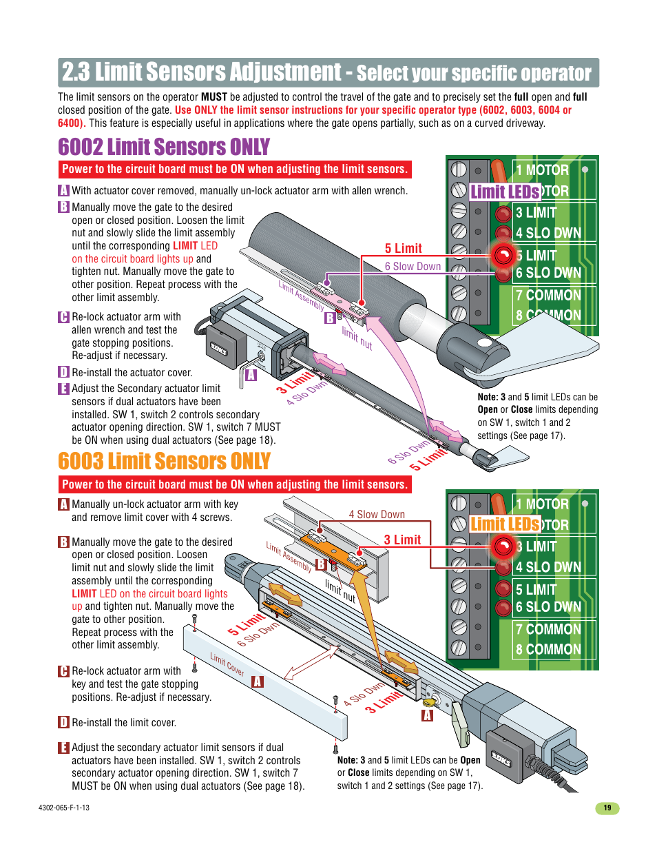 3 limit sensors adjustment, Select your specific operator, Limit leds | Controlled Products Systems Group 4302-111 User Manual | Page 21 / 34