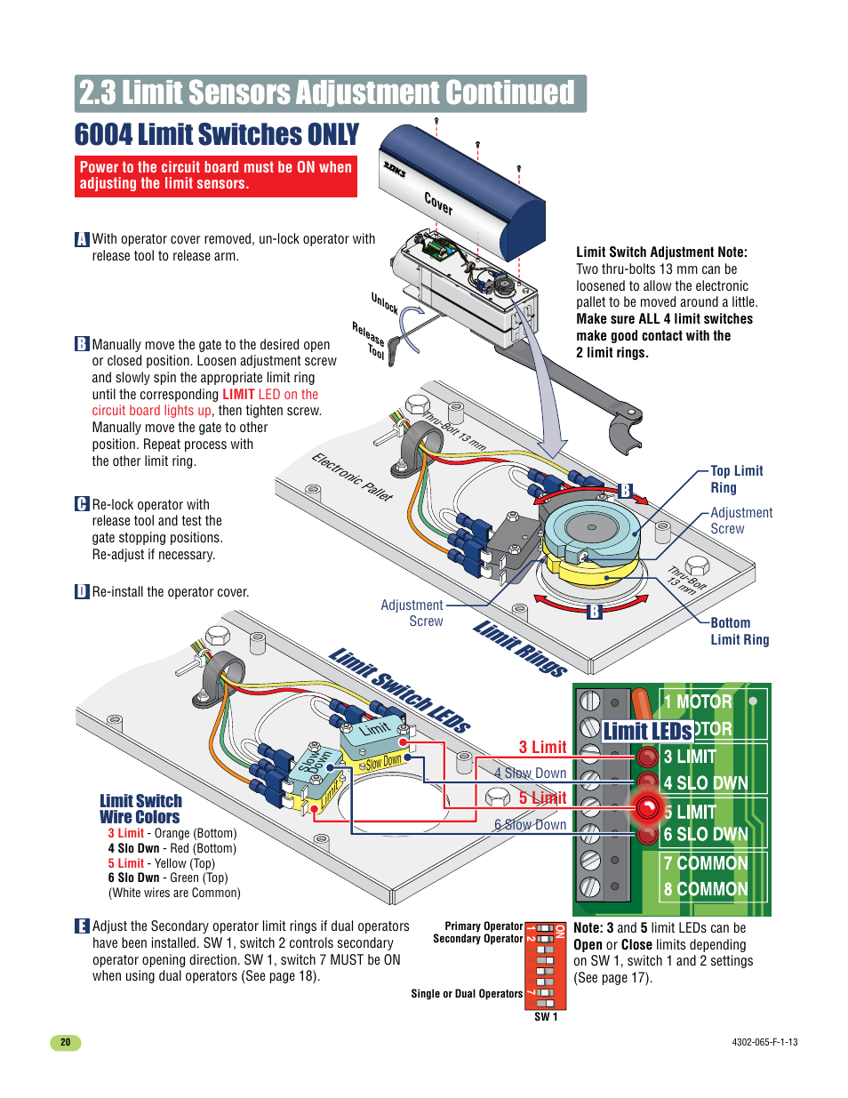 3 limit sensors adjustment continued, 6004 limit switches only, Limit leds | Limit switch leds limit rings, Ab c d e, 5 limit 3 limit, Limit switch wire colors | Controlled Products Systems Group 4302-111 User Manual | Page 22 / 34