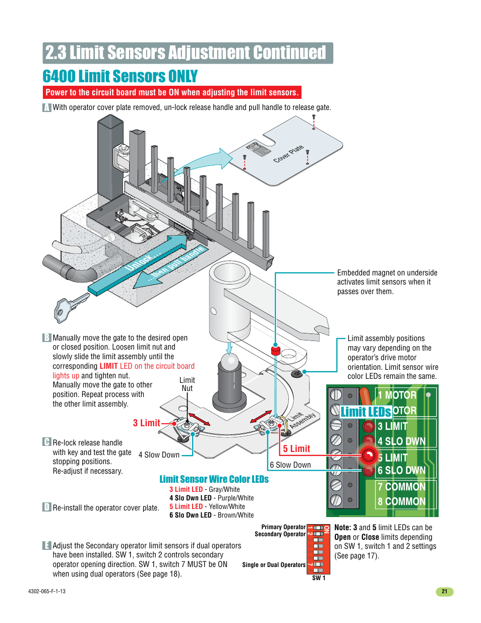 3 limit sensors adjustment continued, 6400 limit sensors only, Limit leds | Unlock | Controlled Products Systems Group 4302-111 User Manual | Page 23 / 34