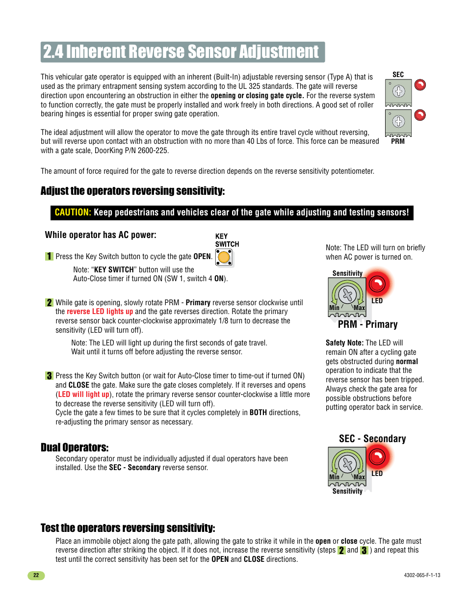 4 inherent reverse sensor adjustment, Adjust the operators reversing sensitivity, Dual operators | Test the operators reversing sensitivity, Prm - primary, Sec - secondary | Controlled Products Systems Group 4302-111 User Manual | Page 24 / 34