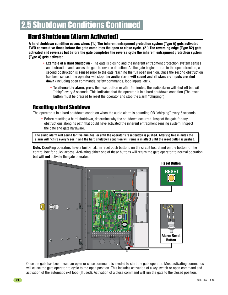 5 shutdown conditions continued, Hard shutdown (alarm activated), Resetting a hard shutdown | Controlled Products Systems Group 4302-111 User Manual | Page 26 / 34