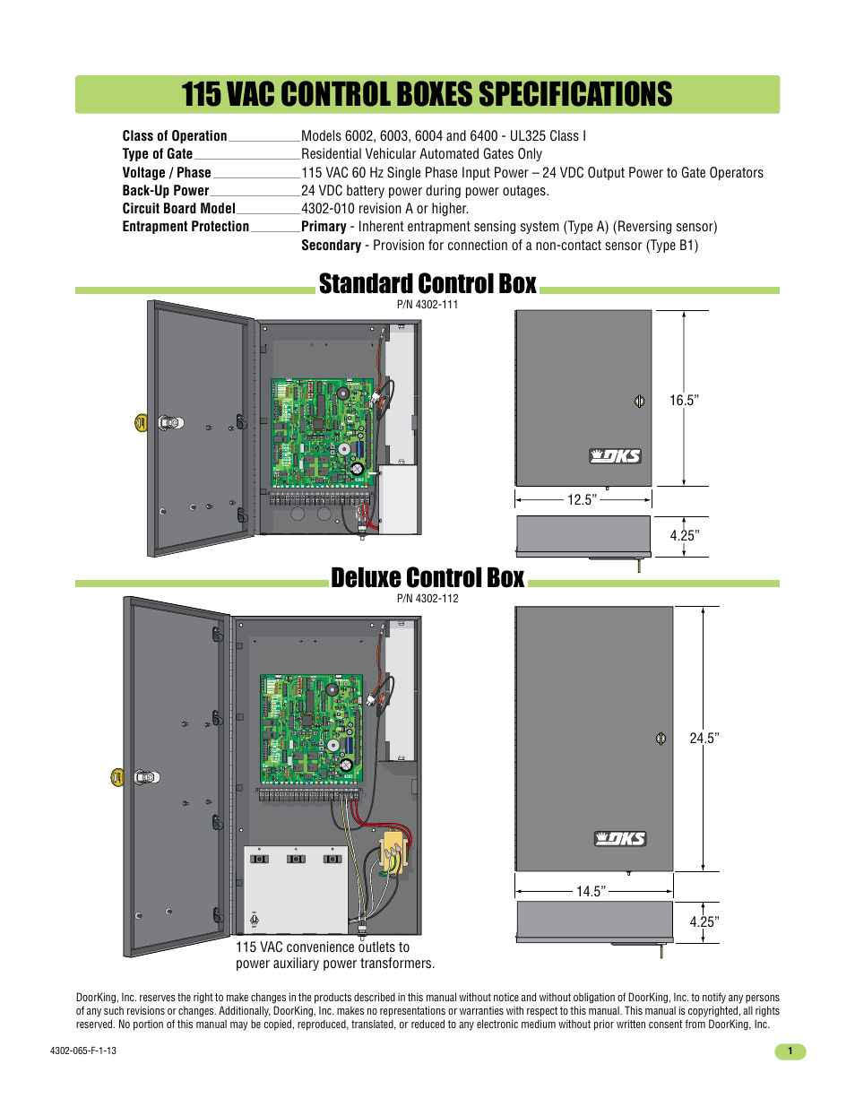 115 vac control boxes specifications, Standard control box, Deluxe control box | Controlled Products Systems Group 4302-111 User Manual | Page 3 / 34