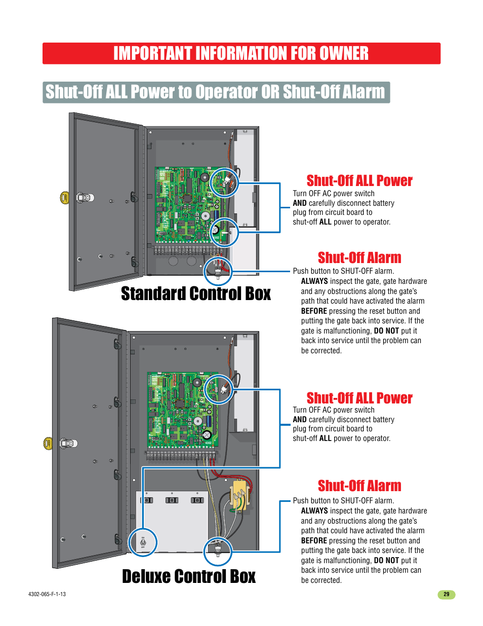 Deluxe control box, Shut-off all power to operator or shut-off alarm, Shut-off all power | Shut-off all power shut-off alarm shut-off alarm | Controlled Products Systems Group 4302-111 User Manual | Page 31 / 34