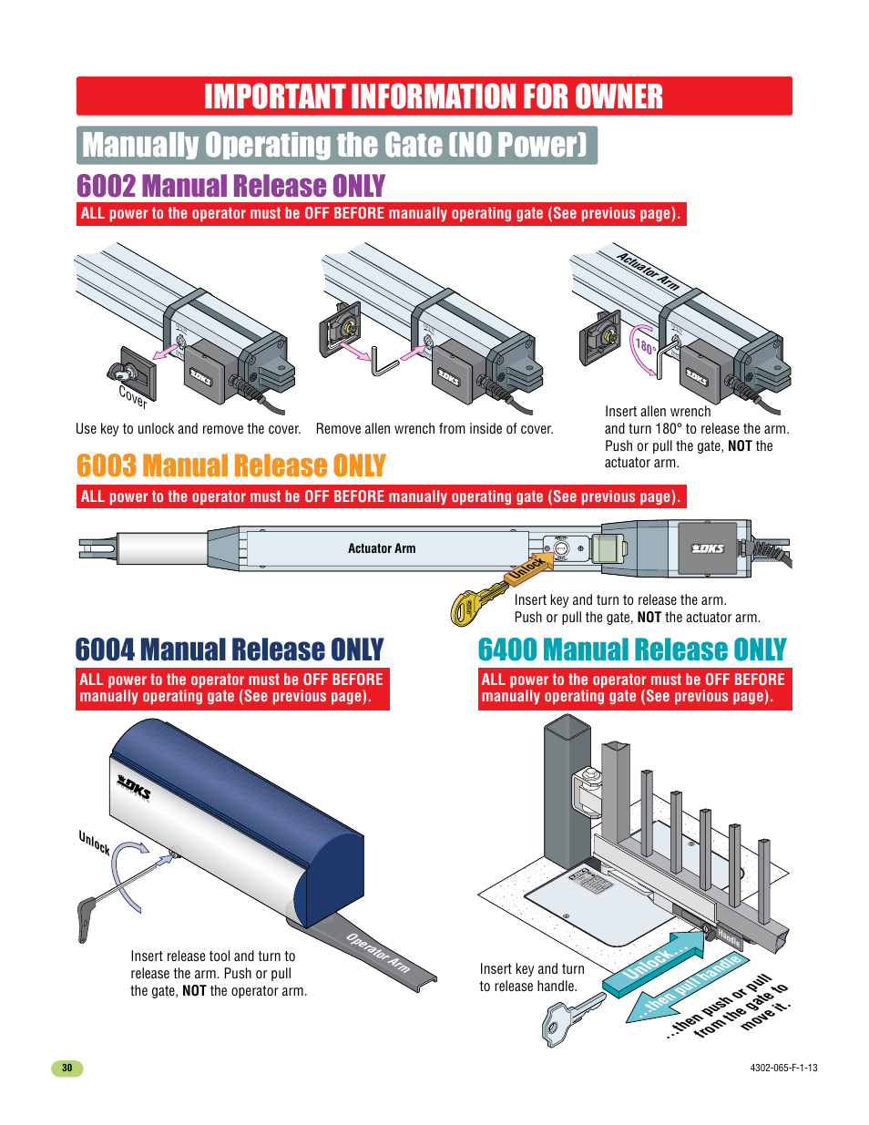 Manually operating the gate (no power), Important information for owner, 6400 manual release only | 6004 manual release only, Unlock | Controlled Products Systems Group 4302-111 User Manual | Page 32 / 34