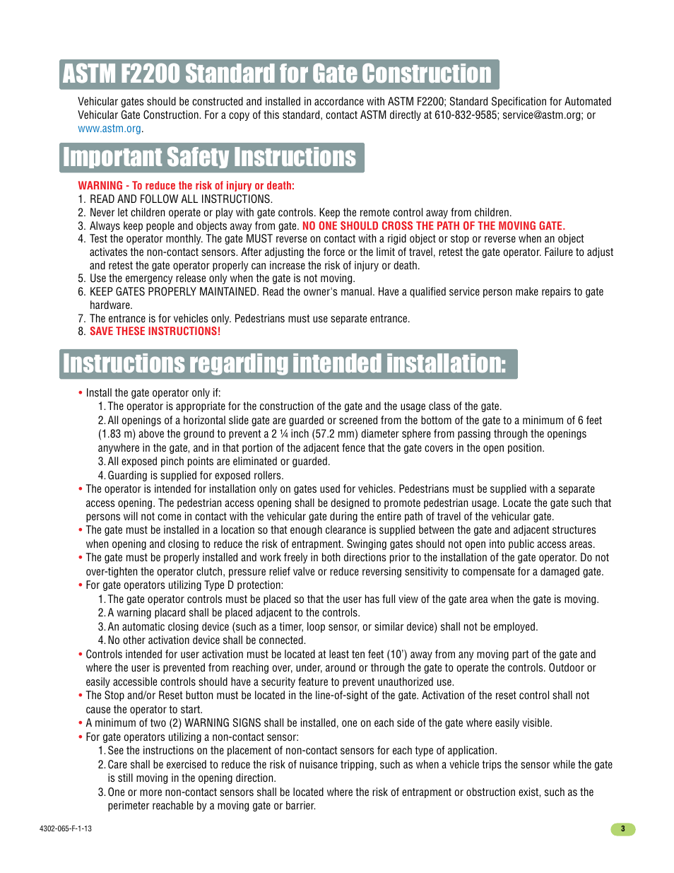 Instructions regarding intended installation, Important safety instructions, Astm f2200 standard for gate construction | Controlled Products Systems Group 4302-111 User Manual | Page 5 / 34