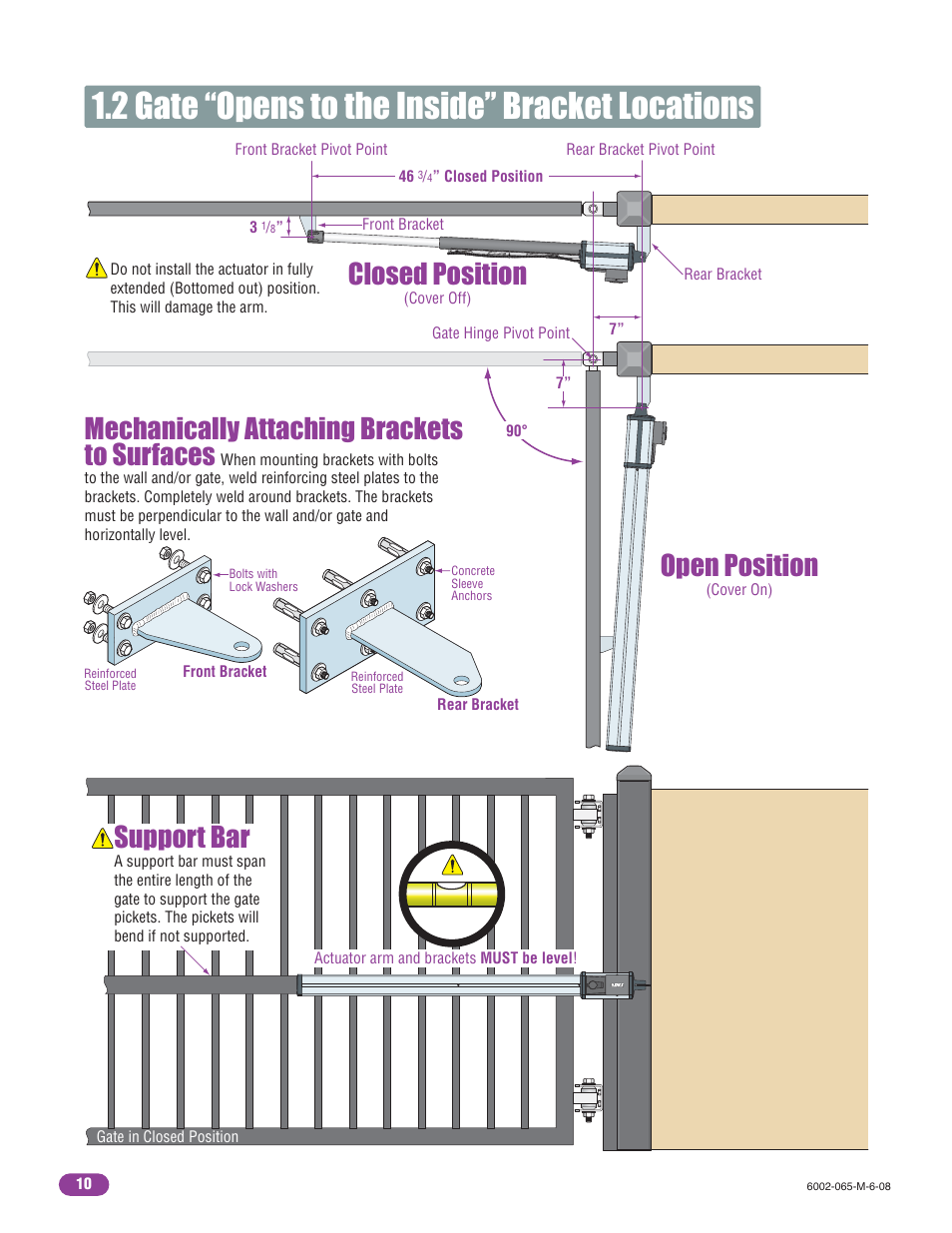2 gate “opens to the inside” bracket locations, Open position, Closed position | Support bar, Mechanically attaching brackets to surfaces | Controlled Products Systems Group 6002-080 User Manual | Page 12 / 32
