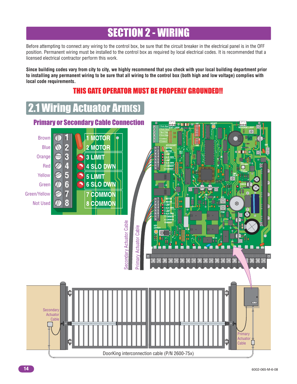 1 wiring actuator arm, This gate operator must be properly grounded, Primary or secondary cable connection | Controlled Products Systems Group 6002-080 User Manual | Page 16 / 32
