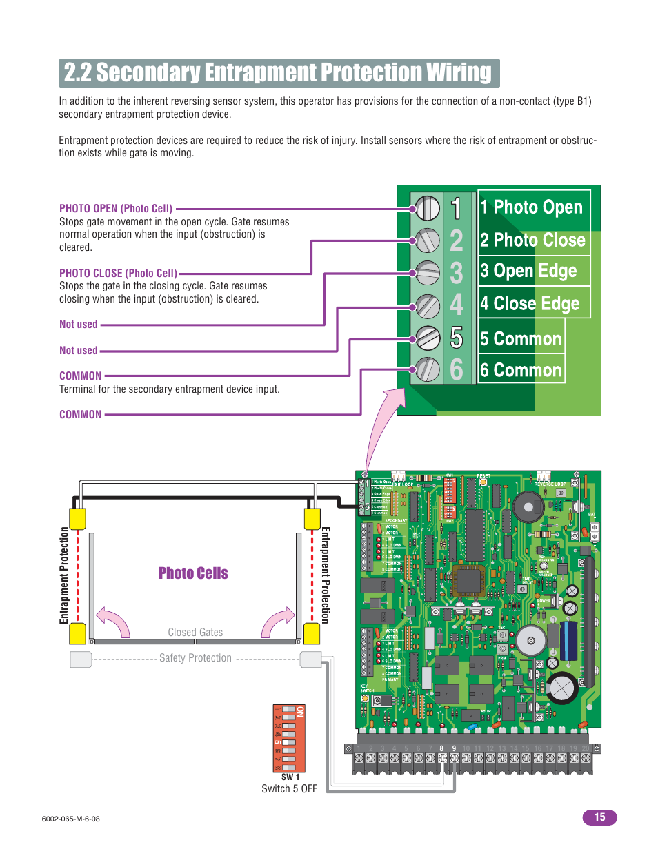 2 secondary entrapment protection wiring, Photo cells | Controlled Products Systems Group 6002-080 User Manual | Page 17 / 32