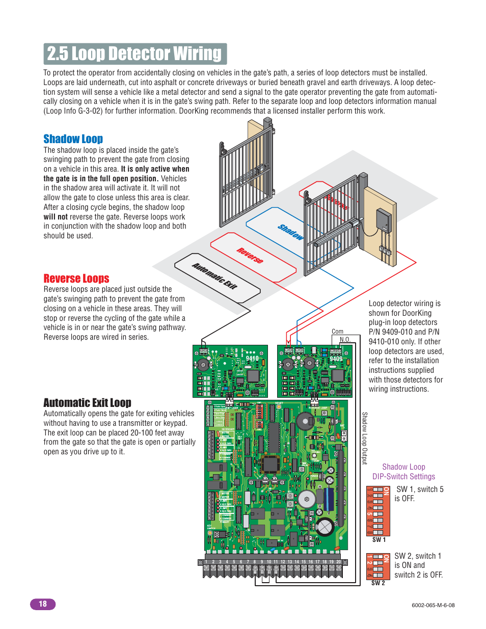 5 loop detector wiring, Automatic exit loop, Reverse loops | Shadow loop | Controlled Products Systems Group 6002-080 User Manual | Page 20 / 32