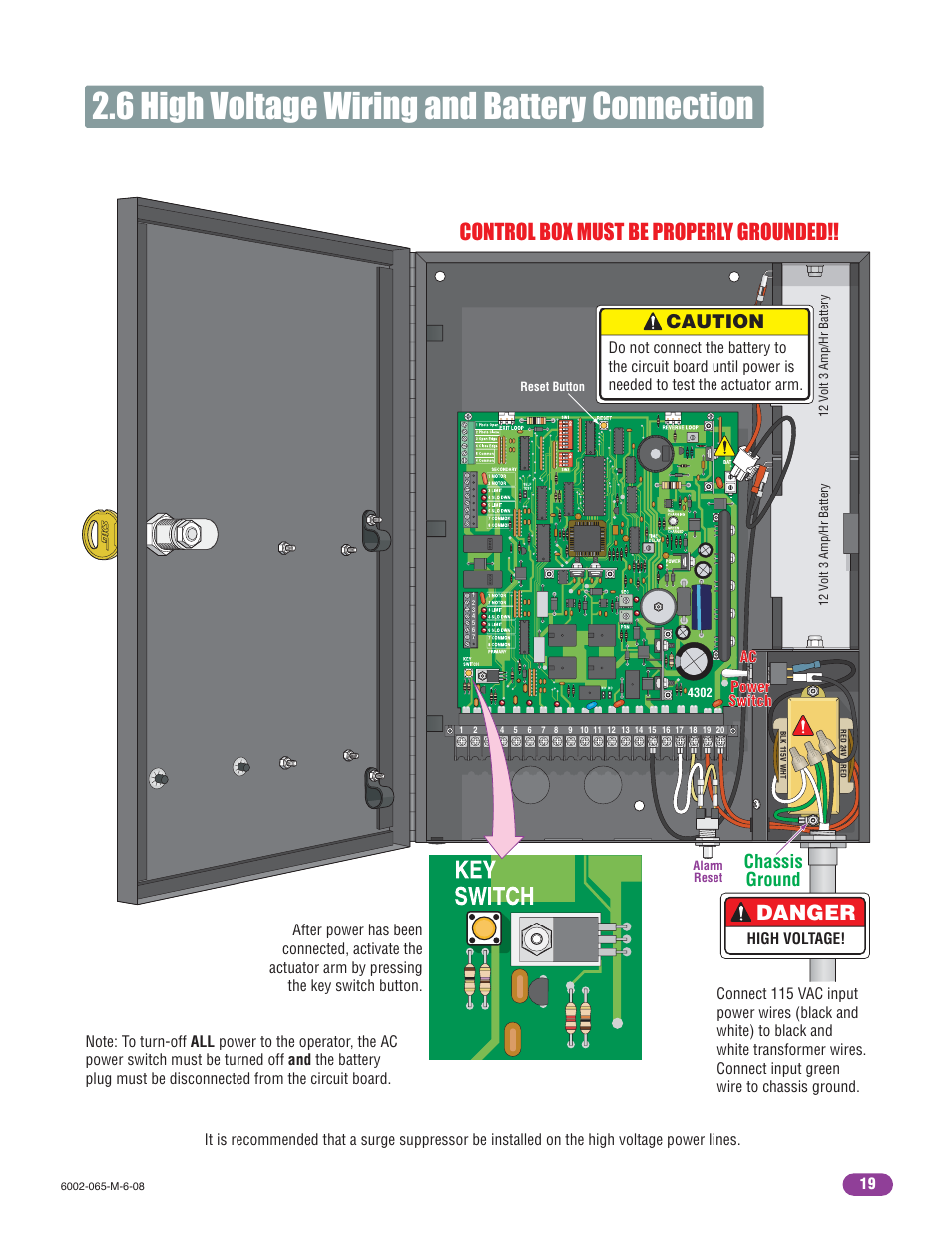 6 high voltage wiring and battery connection, Danger, Control box must be properly grounded | Caution, Chassis ground | Controlled Products Systems Group 6002-080 User Manual | Page 21 / 32