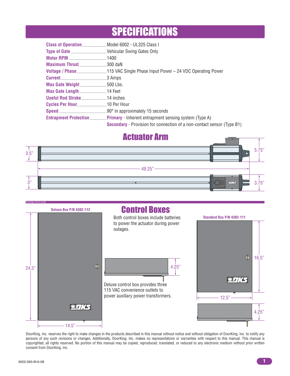 Specifications, Control boxes actuator arm | Controlled Products Systems Group 6002-080 User Manual | Page 3 / 32