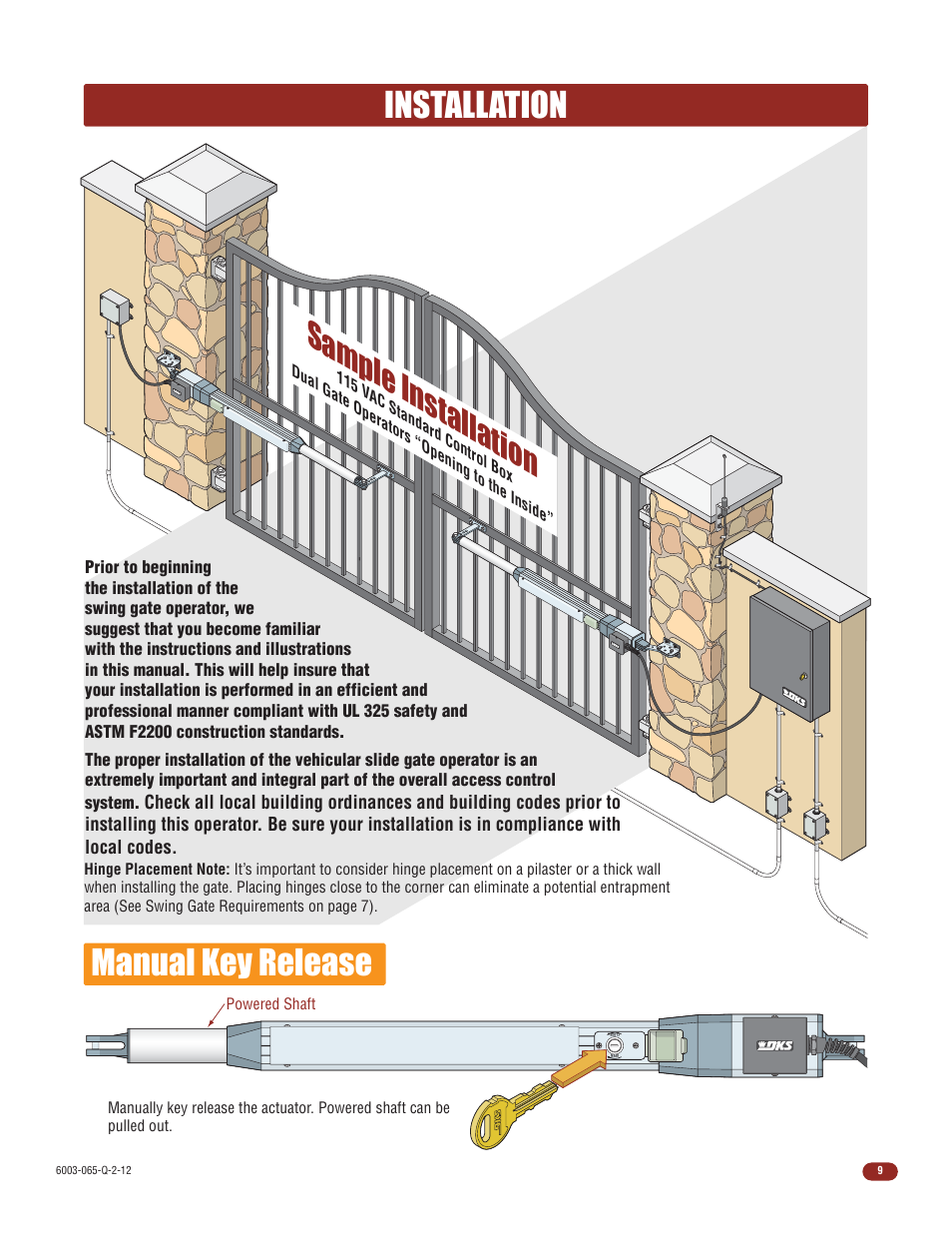 Installation manual key release, Sample installation | Controlled Products Systems Group 6003-080 User Manual | Page 11 / 22