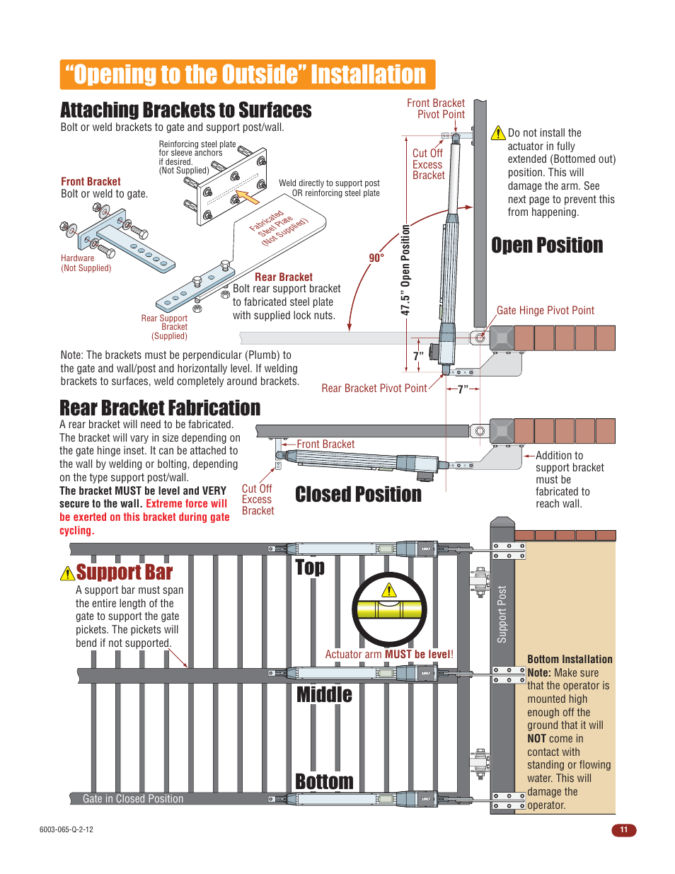 Opening to the outside” installation, Closed position open position, Support bar | Rear bracket fabrication, Bottom middle top, Attaching brackets to surfaces | Controlled Products Systems Group 6003-080 User Manual | Page 13 / 22