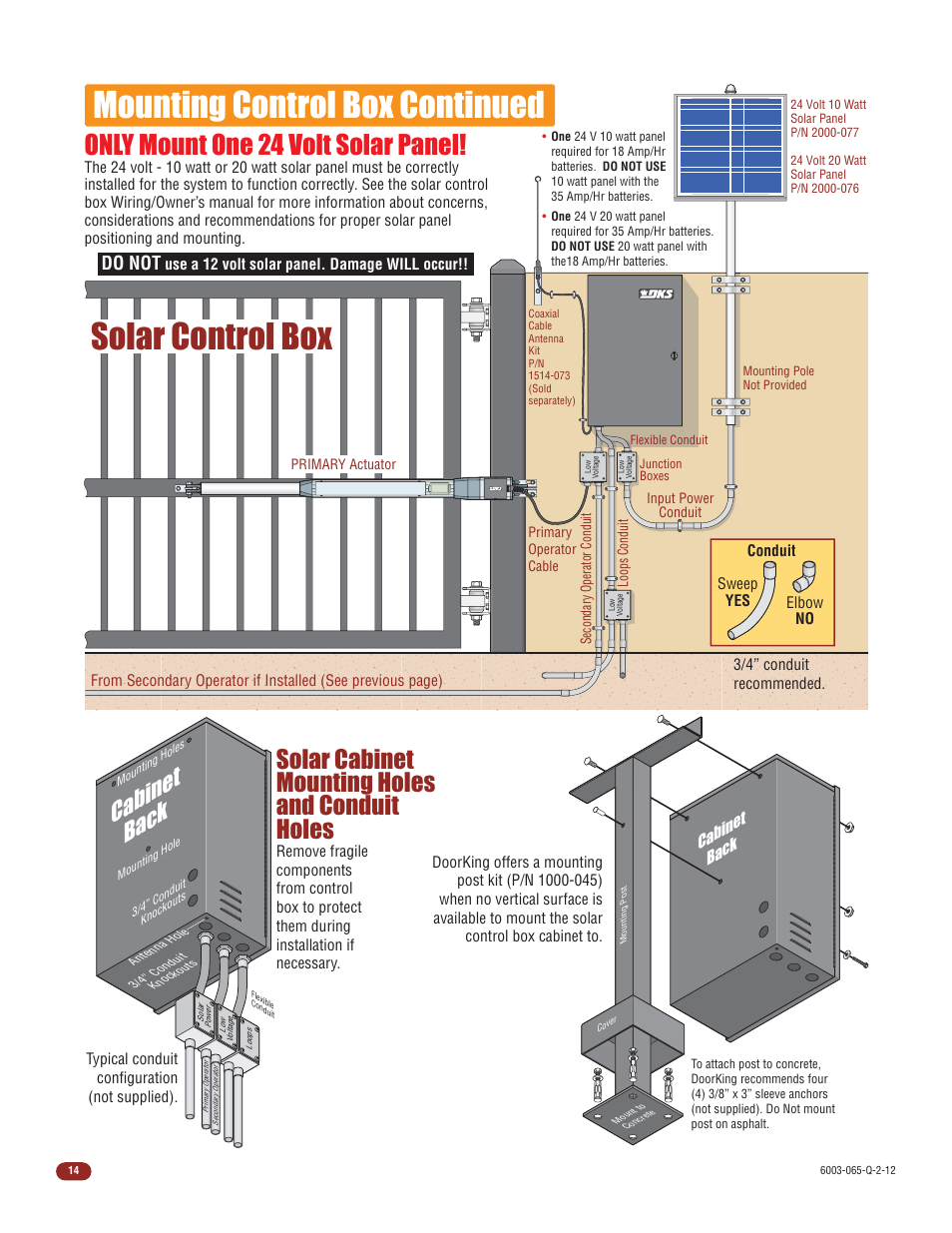 Mounting control box continued, Solar control box, Only mount one 24 volt solar panel | Solar cabinet mounting holes and conduit holes, Cabinet back, Do not | Controlled Products Systems Group 6003-080 User Manual | Page 16 / 22